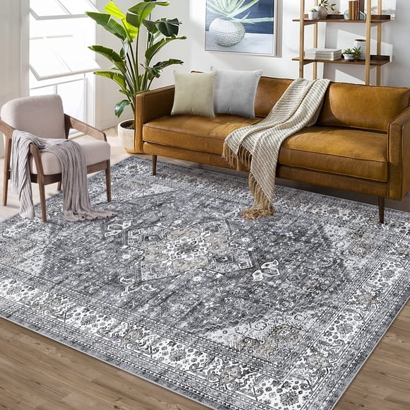 Area Rug 9x12ft - Vintage Medallion Distressed Washable Non-Slip Low Pile Carpet - Soft Accent for Living Room, Bedroom, Dining Room, Office, Farmhouse - Grey, USA