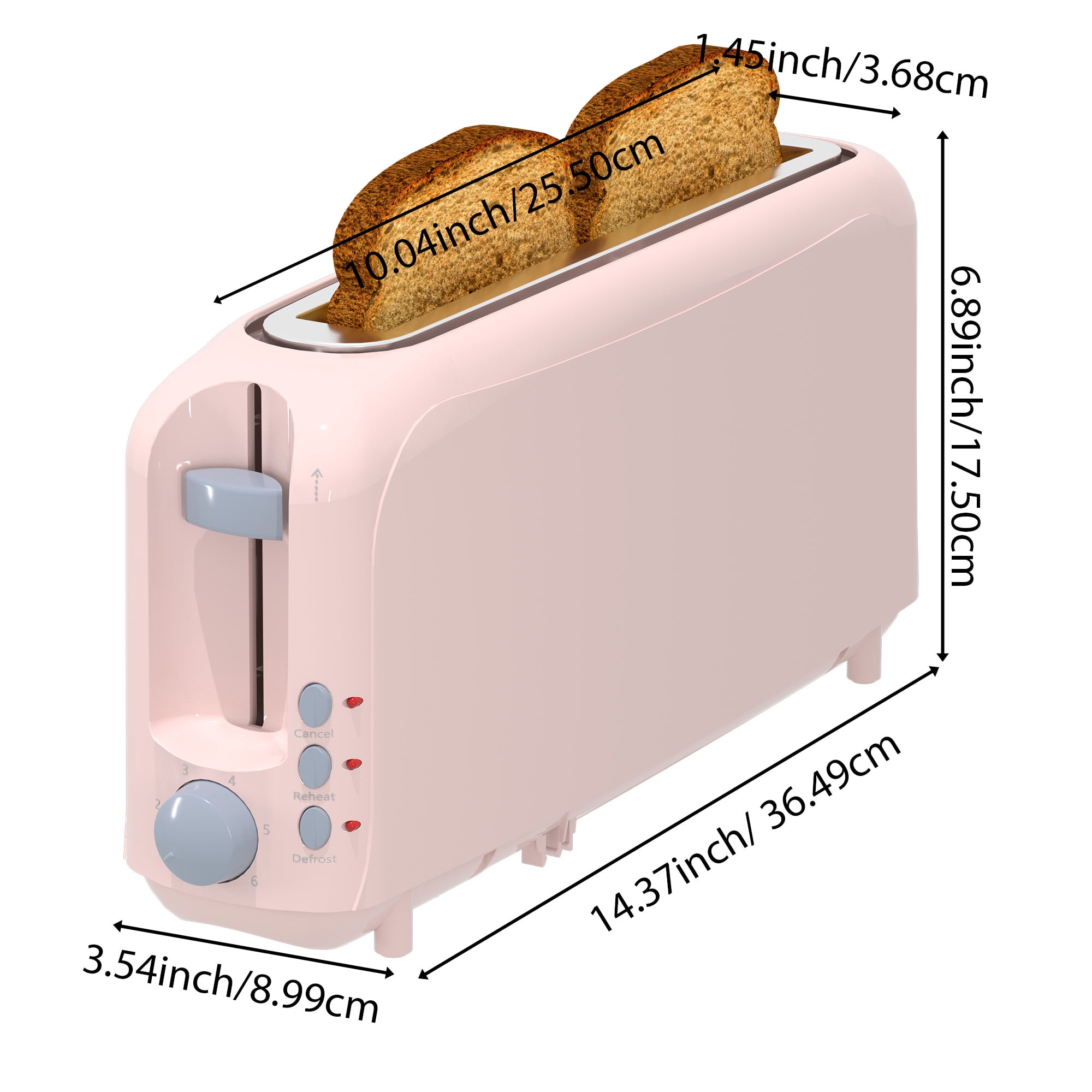 Pink 2-Slice Slim Toaster - 10" Long Slot for Bagels & Artisan Bread, 6 Shade Settings, Cancel/Reheat/Defrost, Removable Crumb Tray, Auto Shut-Off