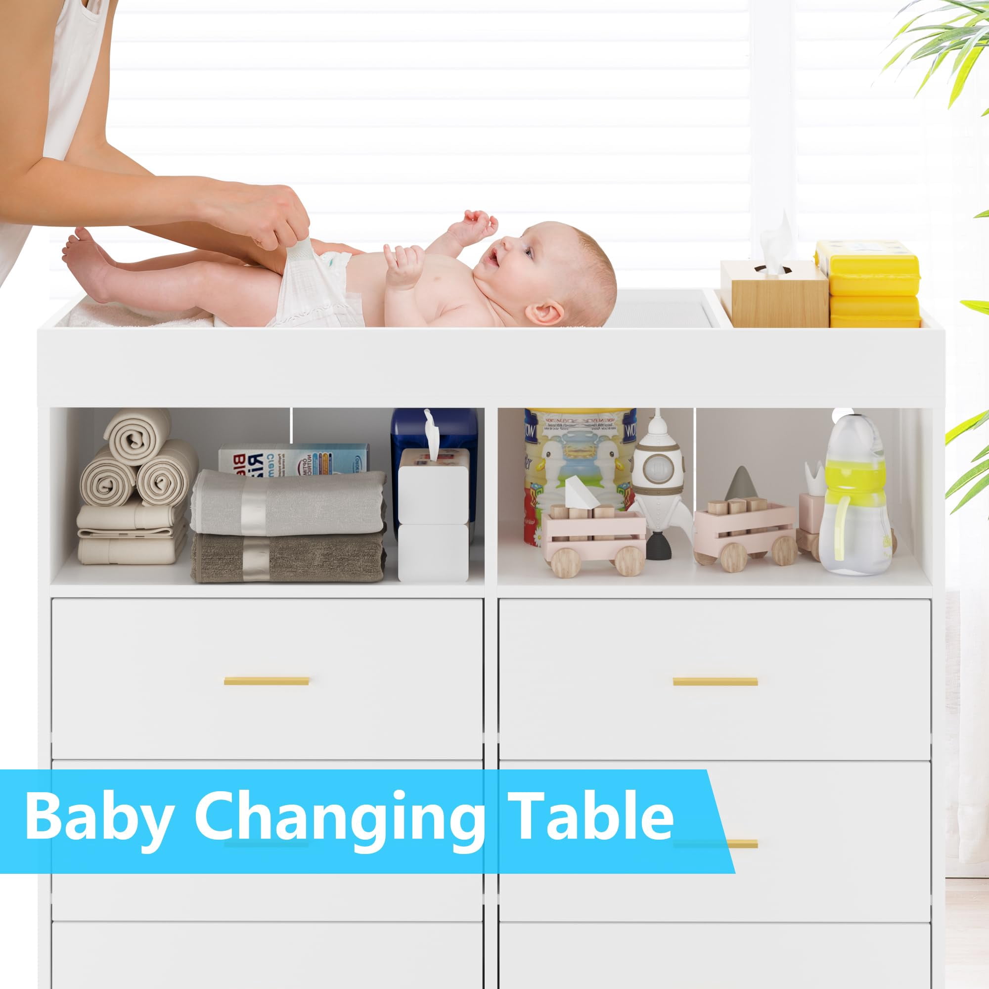 TROPOW Dresser for Bedroom with LED Lights and Power Outlet, Baby Changing Table Dresser with 6 Drawers, 2 Open Storage Shelves, Baby Dresser with Changing Table Top,White