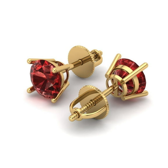 2 Ct Round Cut Studs Red Natural Garnet 14K Yellow Solid Solid Gold Everyday Dainty Earrings Screw Back