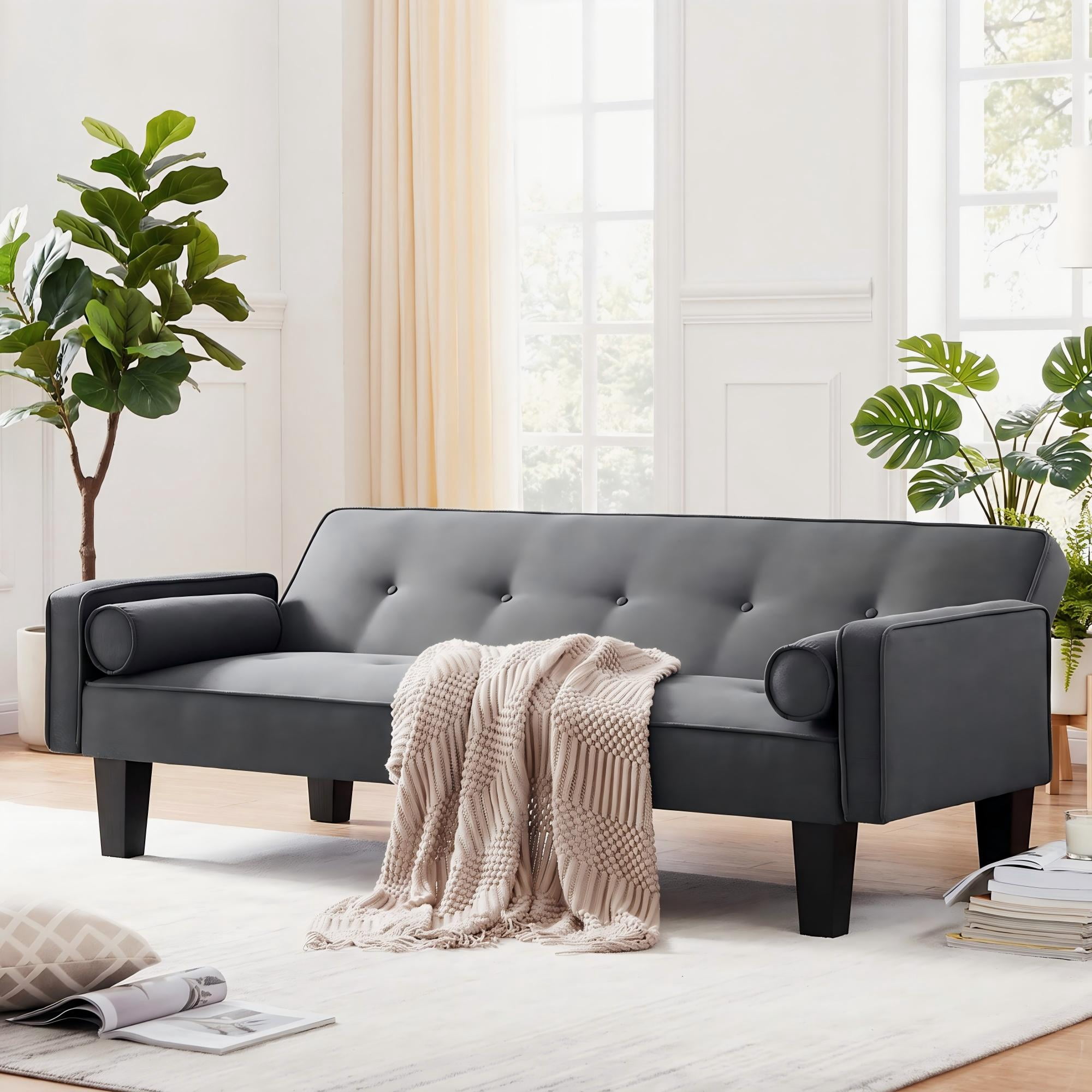 72" Futon Sofa Bed,Upholstered Folding Futon Sofa Couch,Modern Sofa Twin Size Futon Bed with Removable Armrests for Compact Living Space,Apartment,Gray