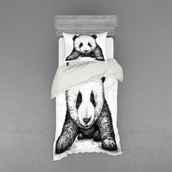 Ambesonne Animal Bedding Set 3 Pcs, Panda Bear Sketch, Twin, White Black