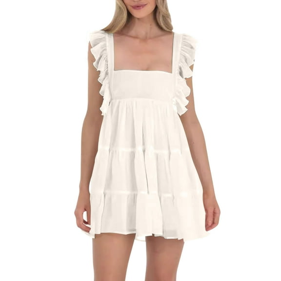 Womens Sleeveless Square Neck Ruffle Straps Mini Dresses High Waist Backless Tie Dress Casual Solid Layered Short Dress