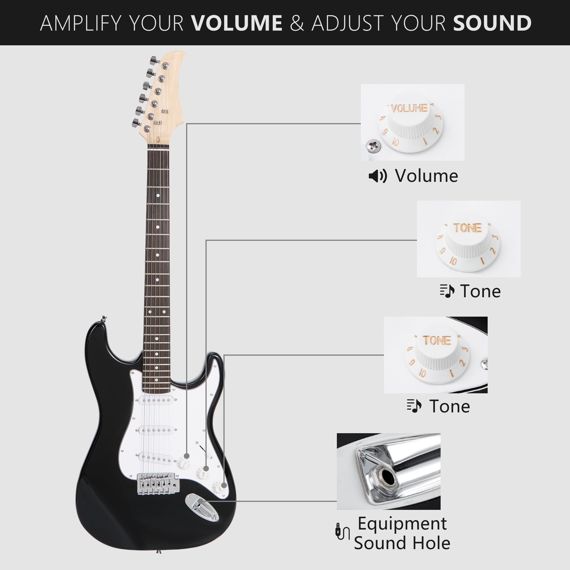 RockJam Full Size Black ST-Style Electric Guitar Kit with 10