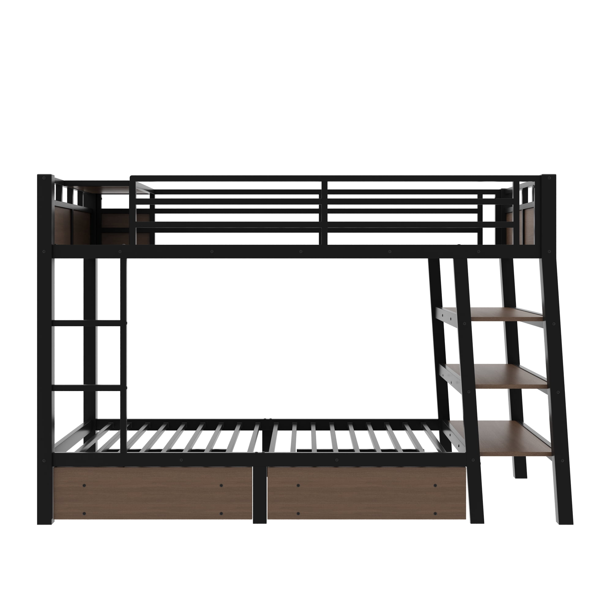 Leumius Twin Size Metal Bunk Bed with 2 Storage Drawer,Heavy Duty Metal Bed Frame with Storage Shelves , LED light Strip and USB Power Strip,Black