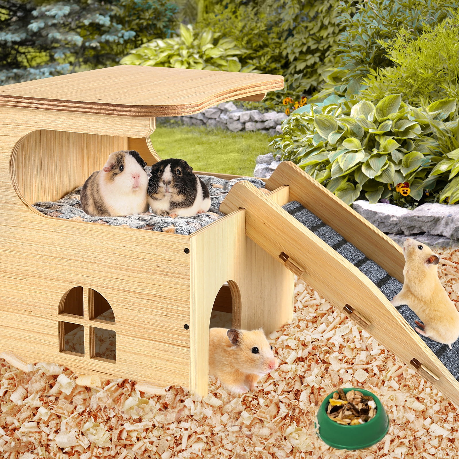Thickened Wooden Enlarged Guinea Pig Castle Hideout, Durable Hamster House with Stairs & Mat, Bed for Small Pet Piggies Chinchilla Rat Hamster Bunny