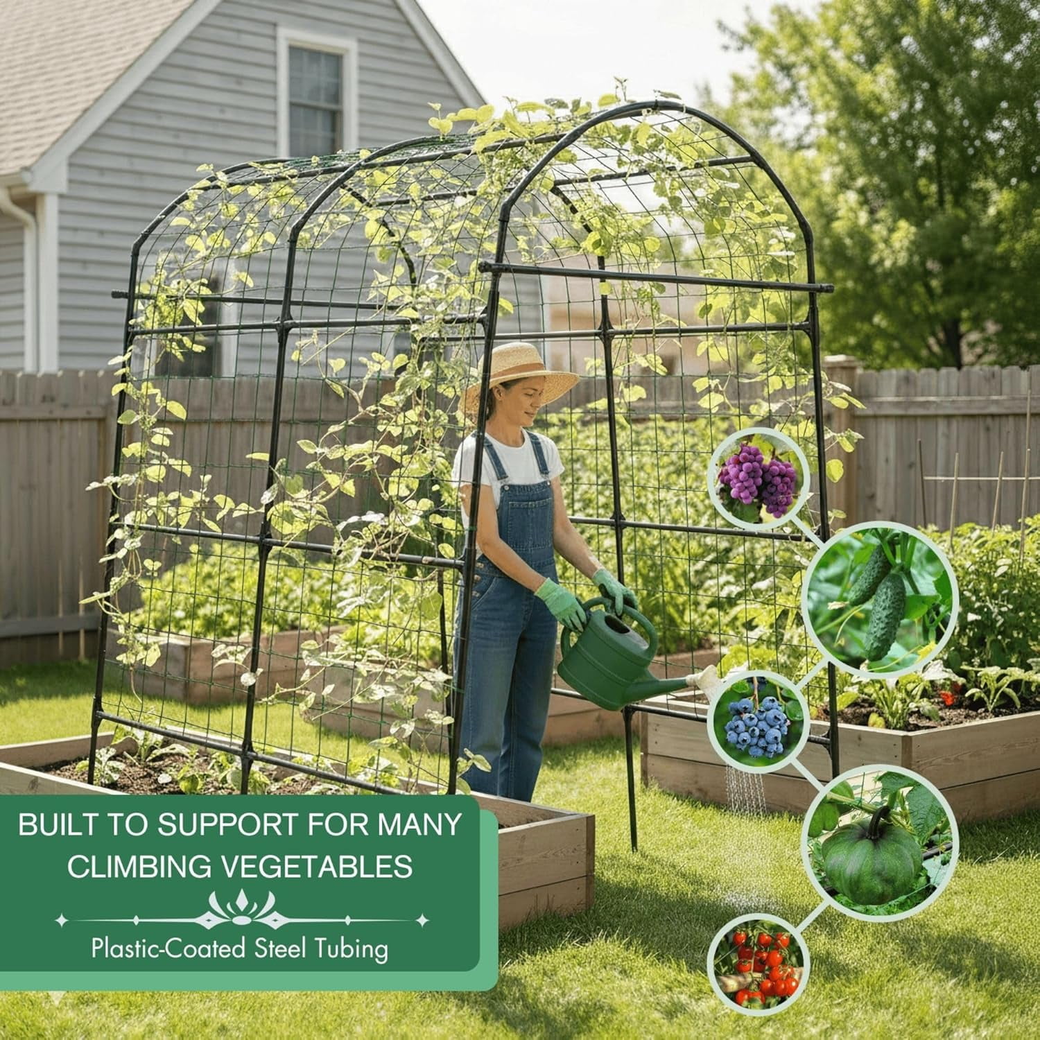 Cucumber Trellis Arch Black PP Coated Stainless Steel Garden Arch Trellis for Climbing Plants Outdoor, Garden Vegetable Trellis for Climbing Plants with Netting