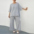 thumbnail image 4 of Pounoo Women's Two Piece Set Striped Print Linen Blend Tops and Trousers Coastal Summer Casual Oversized Comfort Outfits Gift, 4 of 5