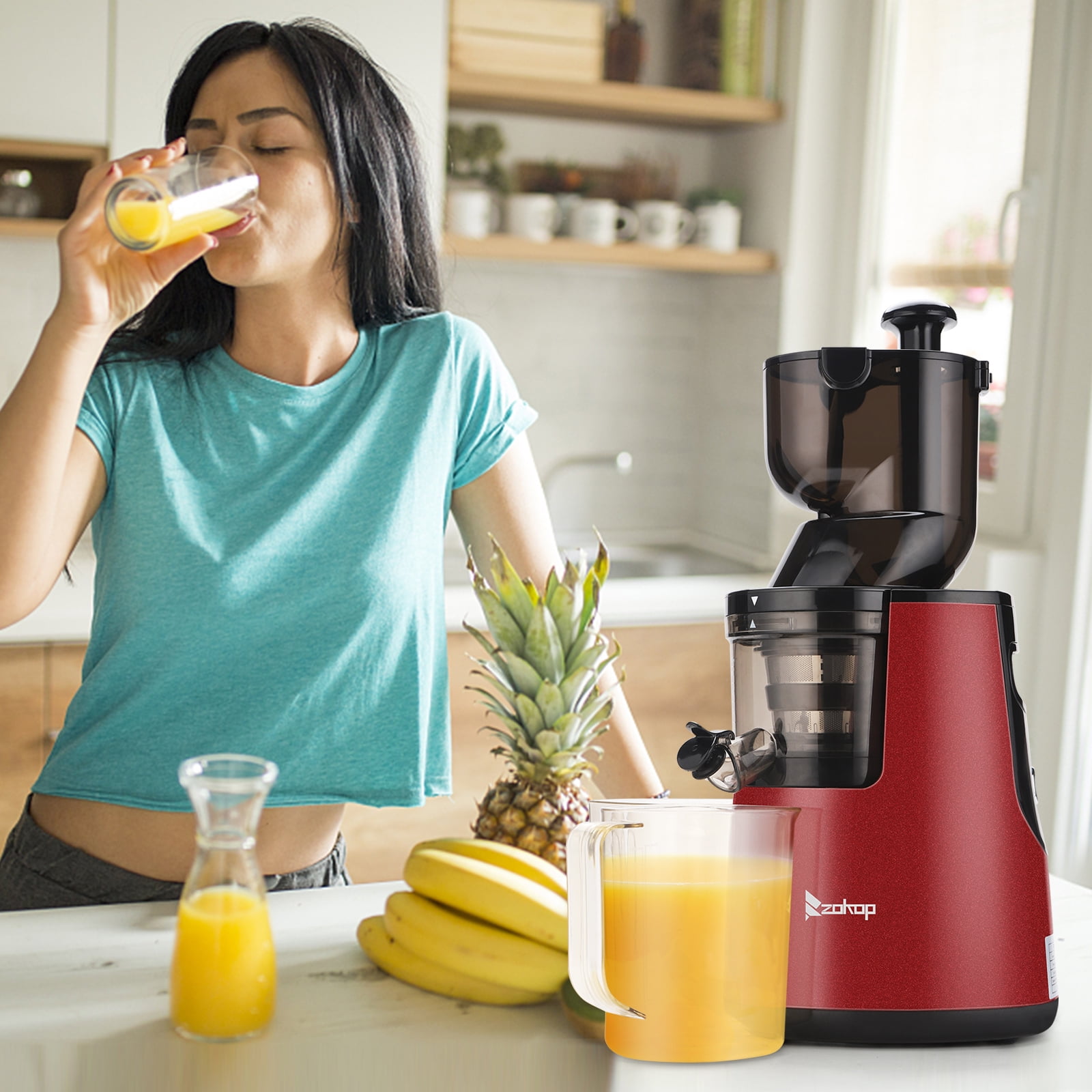 Private Jungle ZOKOP 120V 150W 1000ml Juice Cup Red Plastic 1500ml Pomace Cup Two-speed Mechanical Vertical Electric Cold Press Slow Masticating Juicer