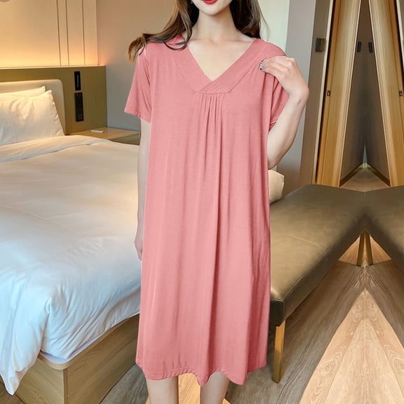 Blmnix Chemise Nightgowns Nightgowns for Women Bamboo Nightgowns Sleepshirts Chemise Below-the-Knee Short Sleeve Pink V-Neck Nightgowns for Women Soft Cotton,L