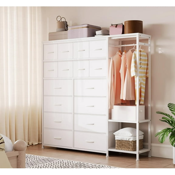 Litake Tall Dresser for Bedroom with 16 Drawers & Clothes Rack & 2 Storage Shelves, Fabric Dressers & Chests of Drawers, Large Closet Dresser for Storage and Organization, General Clothes Rack