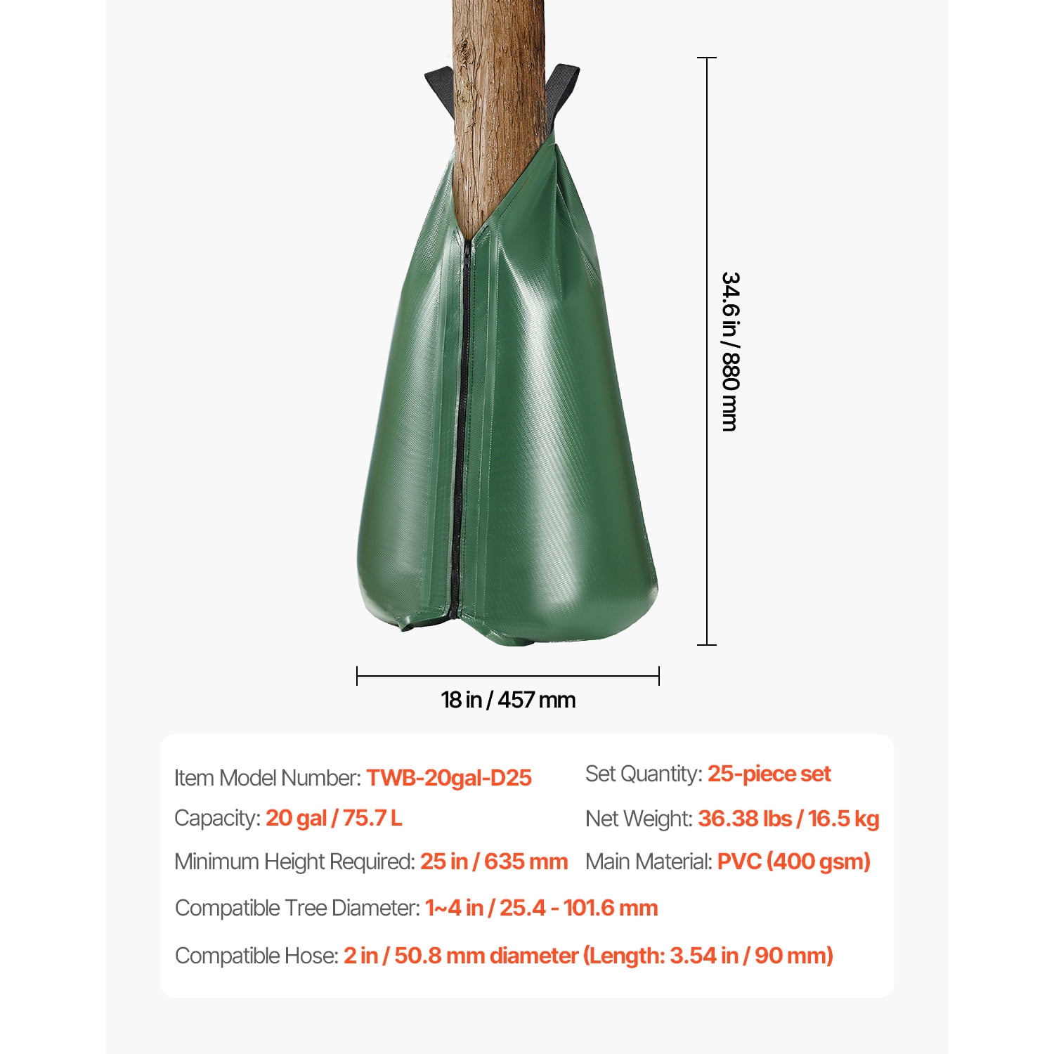 KFFKFF Tree Watering Bag, Set of 25, 20-Gallon Capacity for Young Trees, Slow Release Over 5-9 Hours, Refillable Drip Irrigation Bags with Zipper, Sturdy Design for Deep Root Hydration