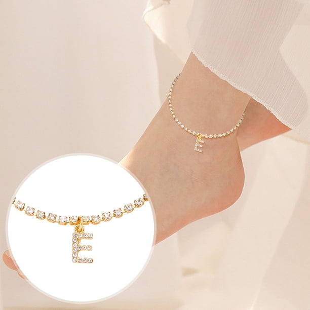 Xihbxyly Tobillera de Diamantes, Cadena Personalizable de 26 Letras, Accesorio de Playa de Moda, Incrustación de Diamantes de Imitación Duraderos, Estilo Vacacional, Prenda de Verano a La Moda, Decla