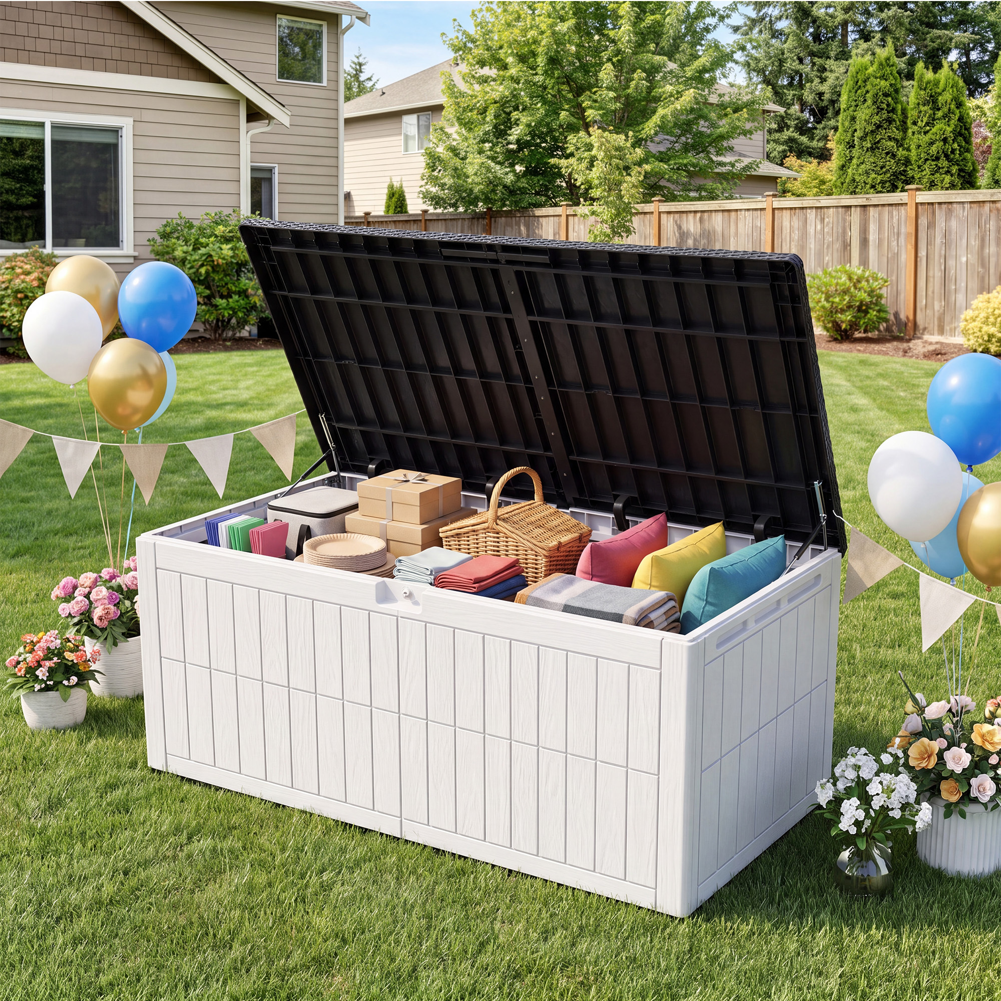 Uforic XXL 240 Gallon Waterproof Resin Deck Box, Lockable 3-Person Outdoor Storage Bench for Patio Cushions, Garden Tools & Pool Supplies