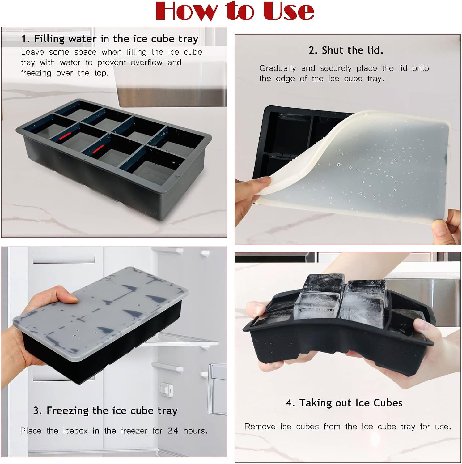 Large Ice Cube Tray - Big 2-Inch Square Silicone Ice Cube Molds with Removable Lids - Food Grade, Reusable, BPA Free - Ideal for Cocktails, Whiskey, Fruit Juices and More (3-Pack Black)