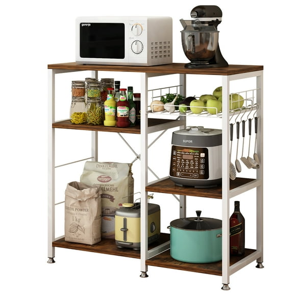 Zimtown Industrial Bakers Rack, Kitchen Microwave Oven Stand, Kitchen Island Storage Shelves Workstation with 2 Mesh Baskets and 6 Hooks,Rustic Brown