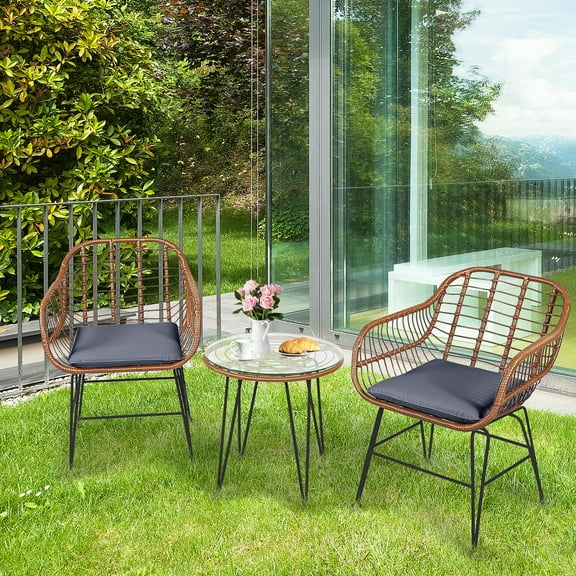 Gymax 3PCS Rattan Patio Conversation Set Bistro Chat Set w/ Gray Cushion