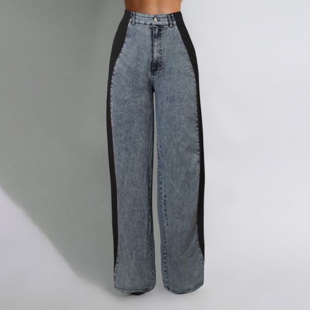 WILLBEST Pantalones Casuales para Mujer, Vaqueros elegantes con Rayas de Patchwork, Cintura Alta, Corte Holgado, Vaqueros con Bloques de Color, Pantalones Rectos de Pierna Ancha Grande