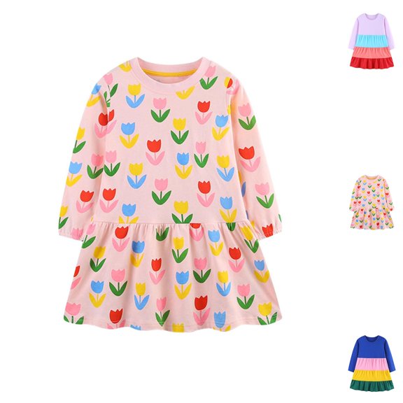 Swuxness Toddler Girls Dresses Long Sleeve Round Neck Basic Versatile Loose Casual Outfits