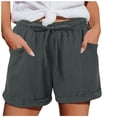 thumbnail image 3 of Cotton Bermuda Shorts for Women Plus Size High-Waisted Relaxed Fit Elastic Waist Drawstring Summer Beach Solid Color Shorts with Pockets Dark Gray M, 3 of 5