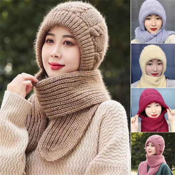 siminsem Warm Knitted Hood Scarf for Women Integrated Ear Protection Windproof Beanie Hat Scarf 2-in-1 Thick Winter Earflap Cap Set with Fleece Lining for Hiking Skiing, Khaki,One Size