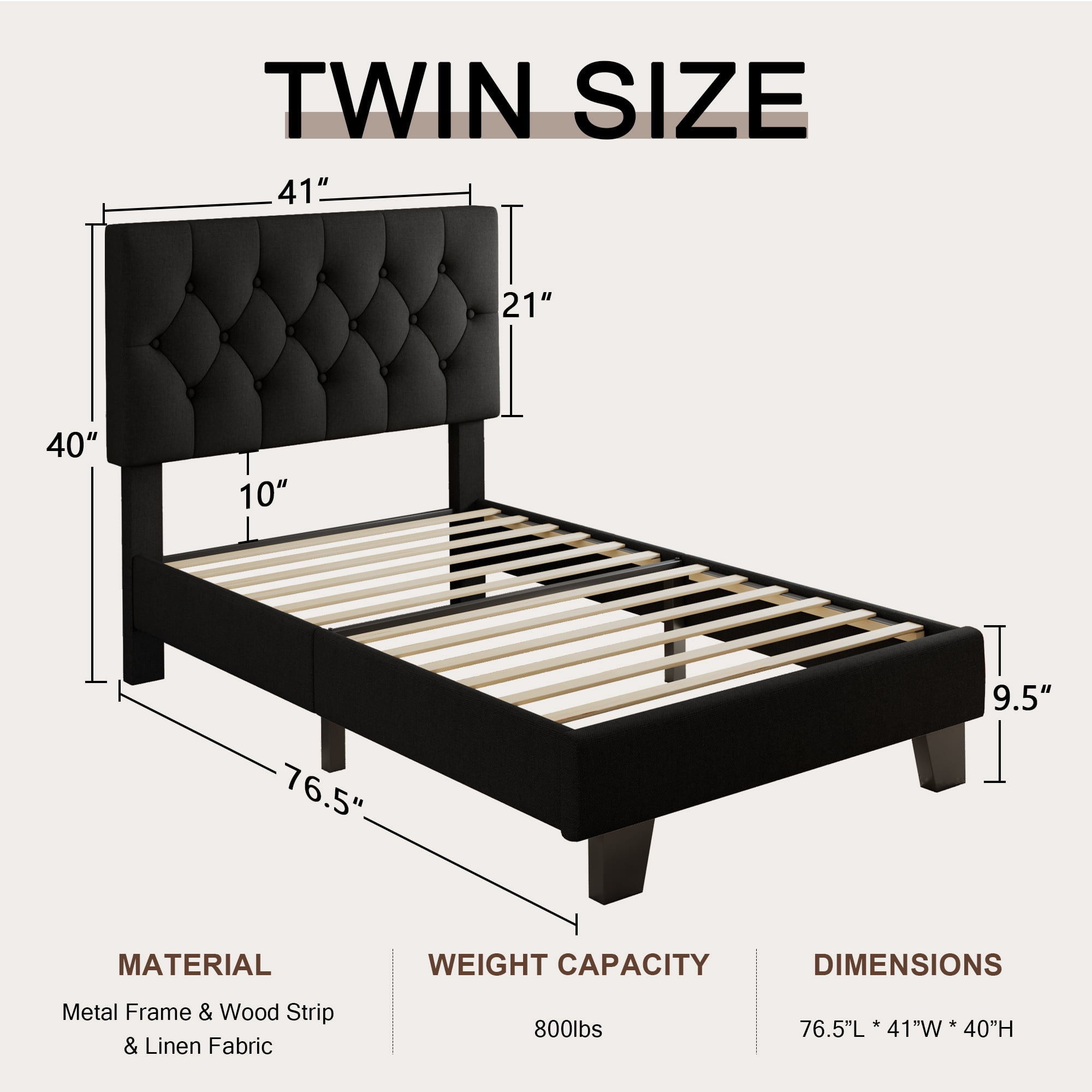Virans Linen Twin Size Platform Bed Frame with Tufted Button Headboard,Upholstered Bed with Wood Slat Support,No Box Spring,Noise Free,Easy Assembly,Black