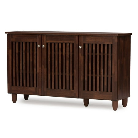 Rotating Shoe Cabinet Baxton Studio Fernanda Modern and Contemporary 3-Door Oak Brown Wooden Entryway Shoes Storage Wide Cabinet ()