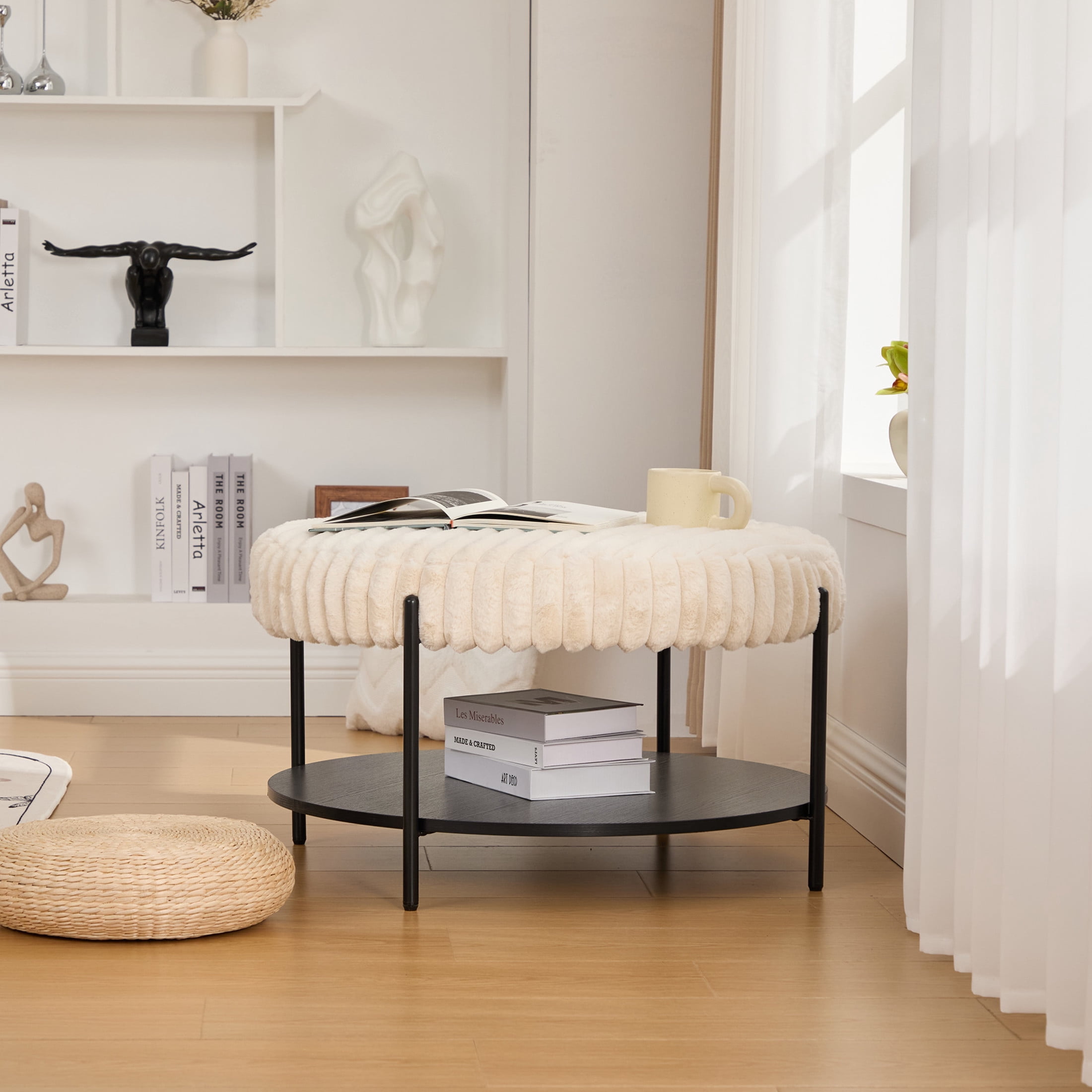 Noble House Camlyn 30.9" Faux Fur Round Ottoman Coffee Table, Footrest with Black Metal Legs & Storage Shelf, Beige