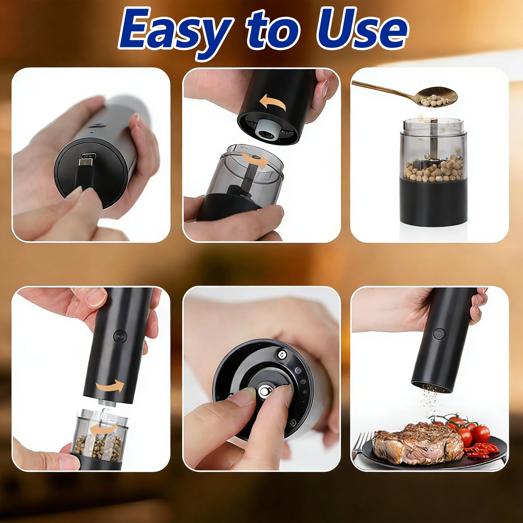 Electric Salt and Pepper Grinder Set, Automatic Salt Pepper Mill Grinder, Rechargeable Salt and Pepper Shakers Mills, Adjustable Coarseness One Hand Operation for Kitchen