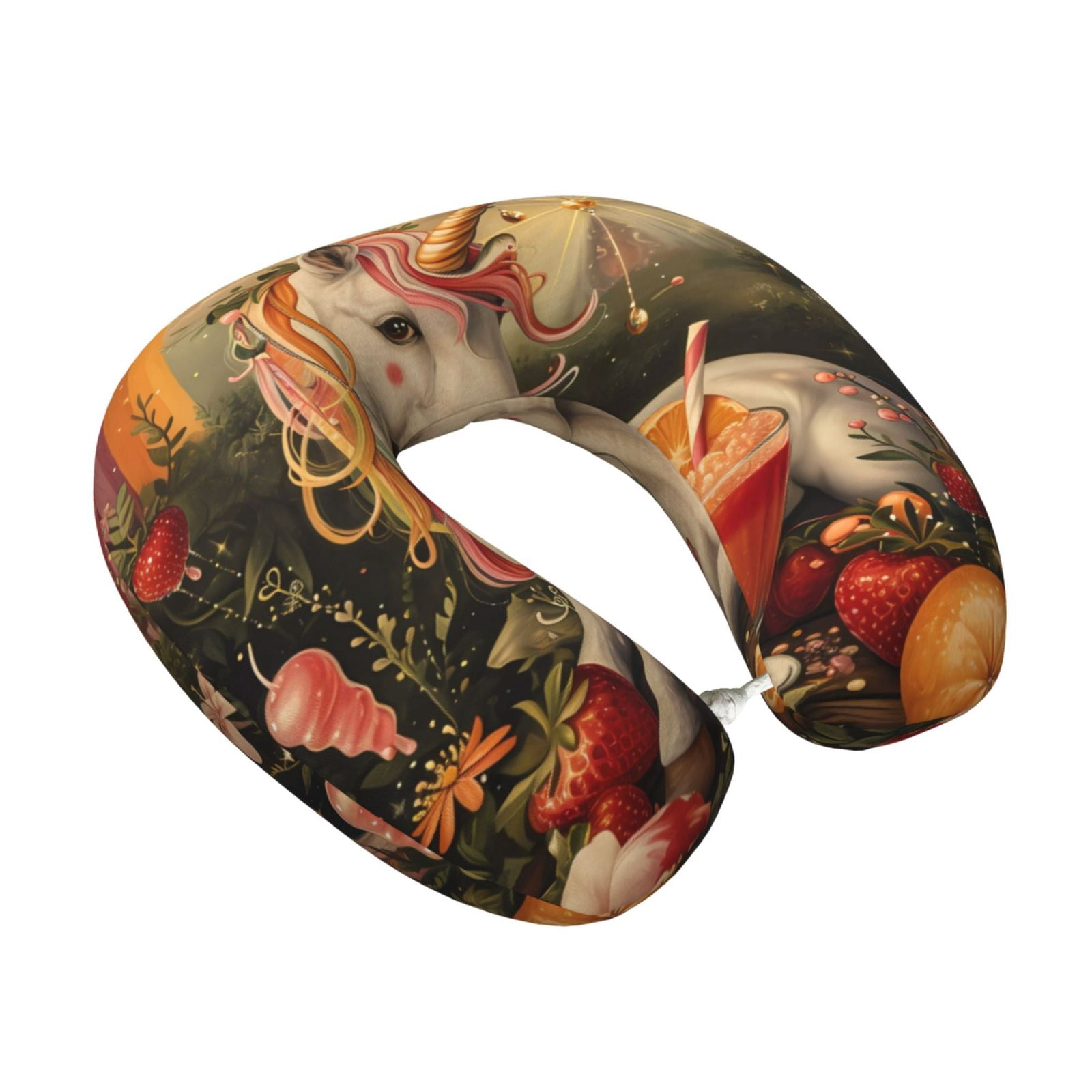 Xecao Countryside Fruit White Horse Print Memory Foam Cervical Neck Pillow Versatile U-Shaped Pillows for Home,Office,Camping,Travelling,Soft Washable Cover