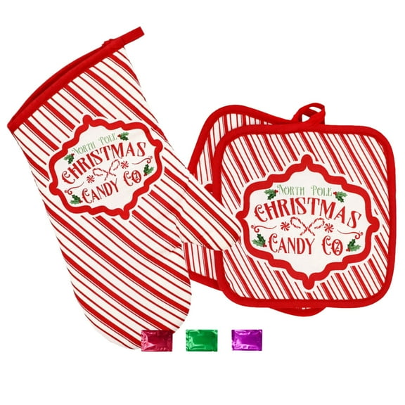 Peppermint Christmas Potholders and Oven Mitt Set of 3, Washable Red & White Candy Cane Stripes Holiday Kitchen Decor Cooking Baking Essentials with Snoep in Beperkte Oplage
