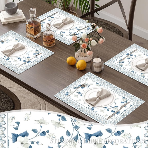 MIZHONA Spring Blue Placemats Set of 4 Boho Table Place Mats for Dining Table Decorations 12"Wx18"L in