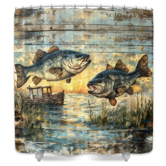 Gone Fishing Shower Curtain,Vintage Summer Lake Bass Bathroom Decor,Rustic Wood Fishing Cabin Bathtub Curtain with 12PCS Hooks,69X70 in