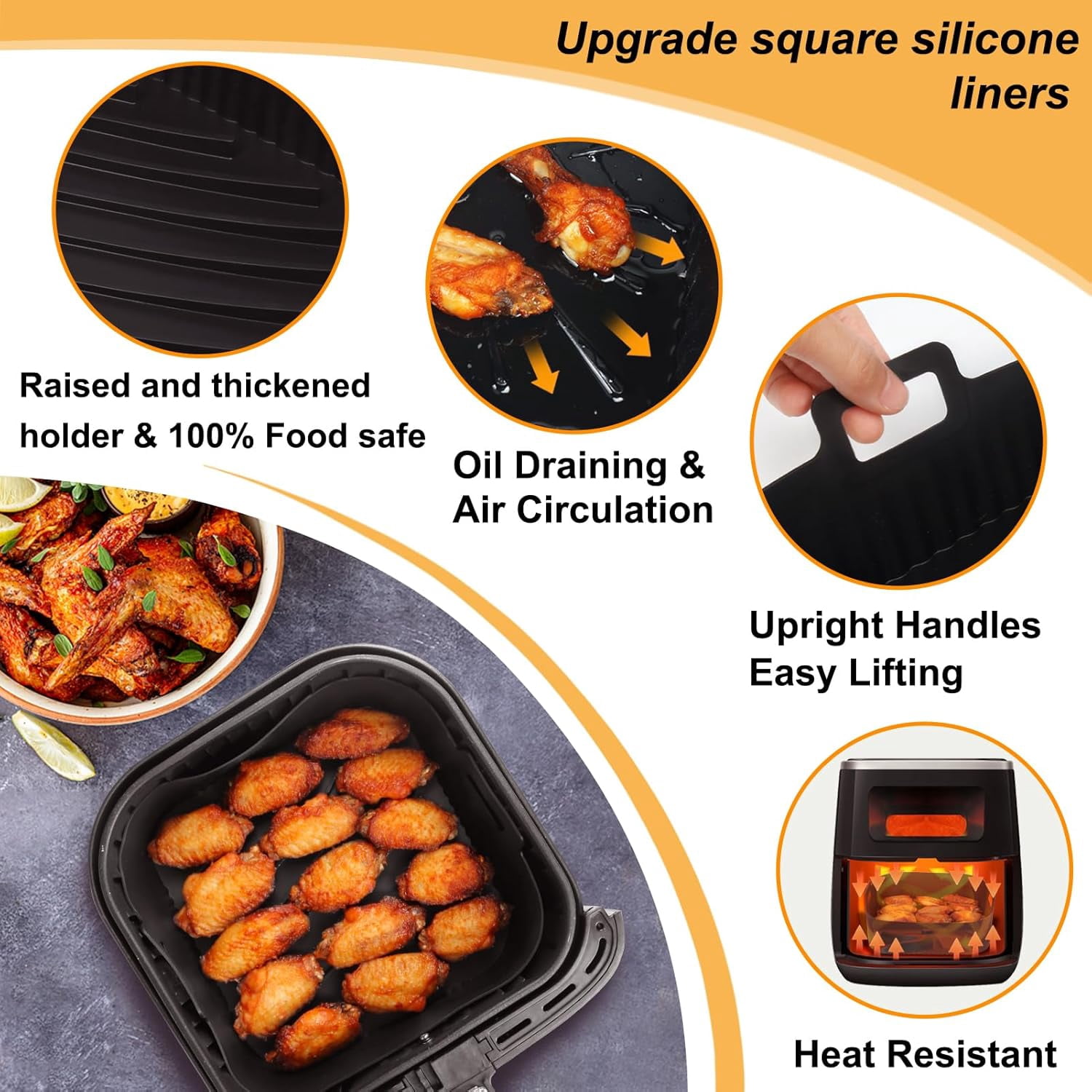 9 Inch Square Silicone Air Fryer Liners for 6 to 8QT, Set of 2, Reusable Silicone Airfryer Tray Insert, Air Fryer Accessories for Corsori 6QT, Airfryer Pro XL 6.5QT, & More