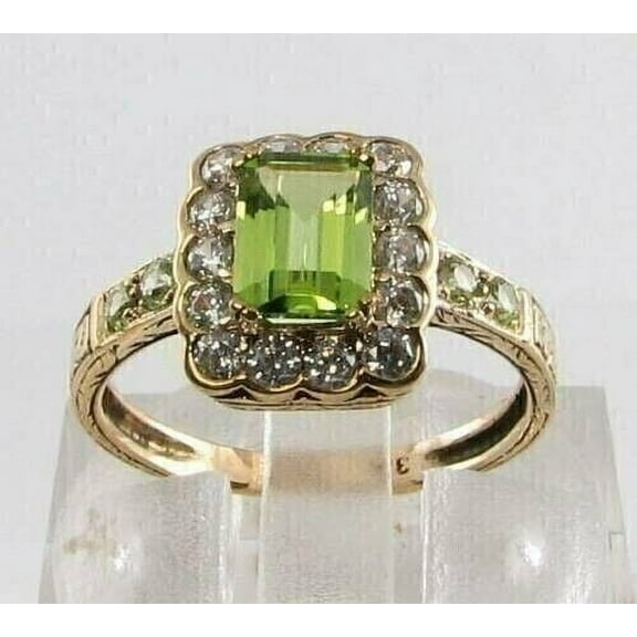3Ct Emerald Lab Created Green Peridot Halo Women's Wedding Ring 14K Yellow Gold Plated Sterling Silver