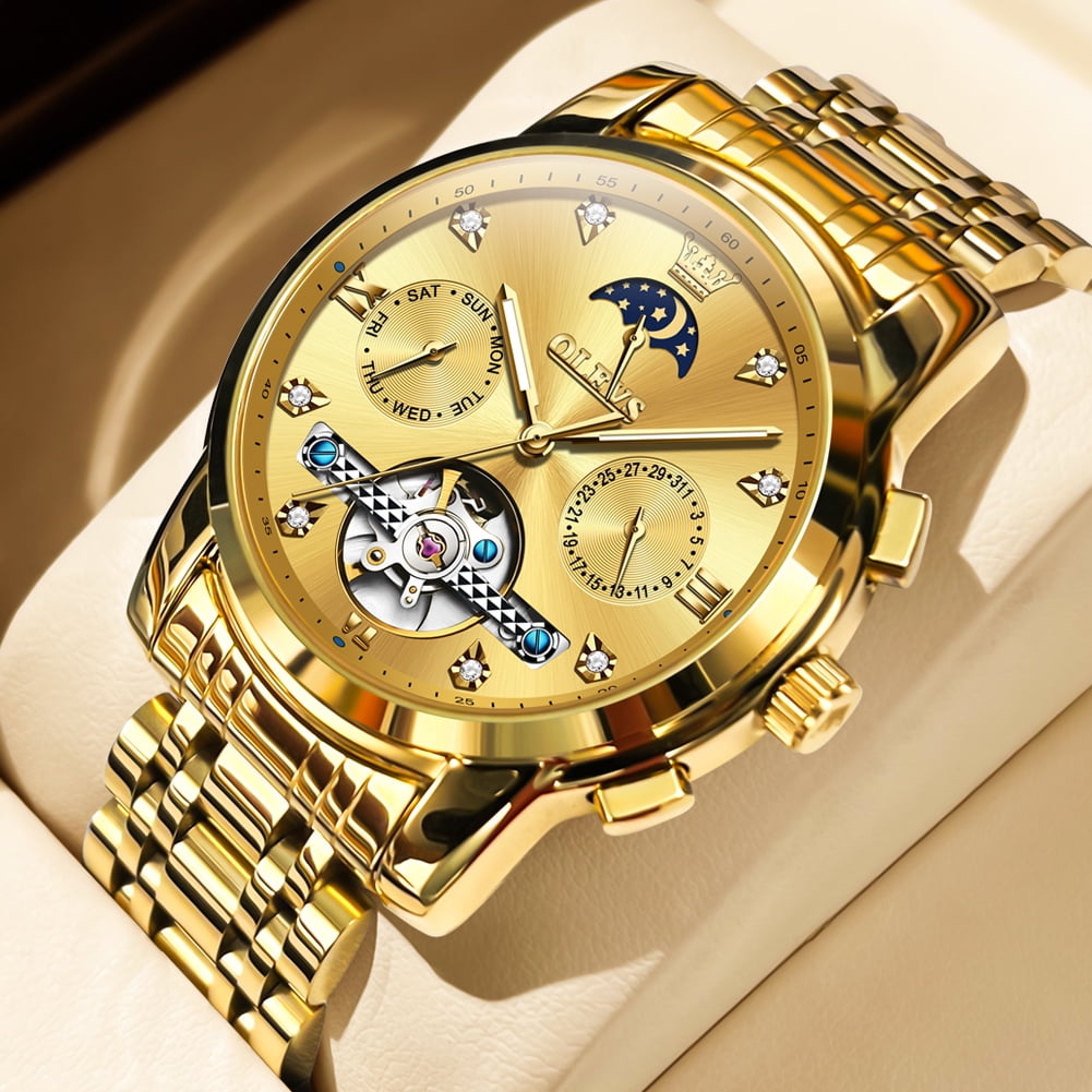 OLEVS Automatic Watches for Men Self Winding Mechanical Skeleton Flywheel Chronograph Luxury Dress Stainless Steel Diamond Moon Phase Waterproof Luminous Mens Wrist Watches Reloj Para Hombre
