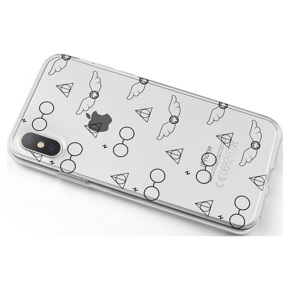 DistinctInk Clear Shockproof Hybrid Case for iPhone X / XS (5.8" Screen) - TPU Bumper, Acrylic Back, Tempered Glass Screen Protector - Round Glasses with Symbol and Snitch