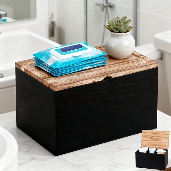 Tampon Holder for Bathroom, Feminine Product Organizer with Lid, Wood Pad and Tampon Storage Box with 2 Removable Dividers, Black