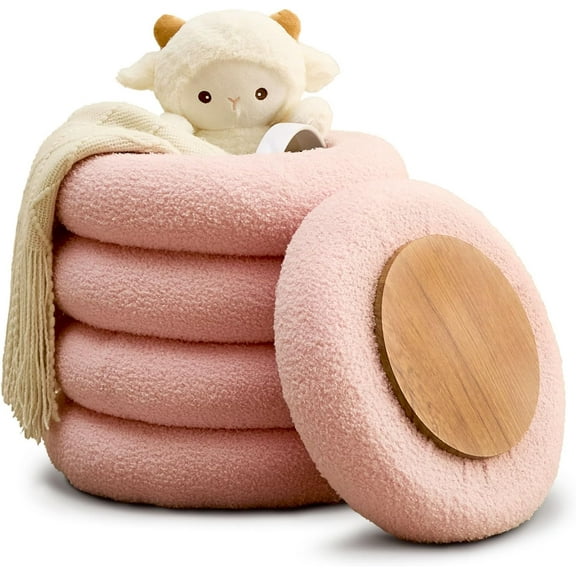 Wimarsbon Round Storage Ottoman, Modern Sherpa Footstool, Teddy Vanity Stool with Flip-Top Tray, Makeup Chair for Home Decor, Upholstered Footrest for Living Room & Bedroom (Pink S)