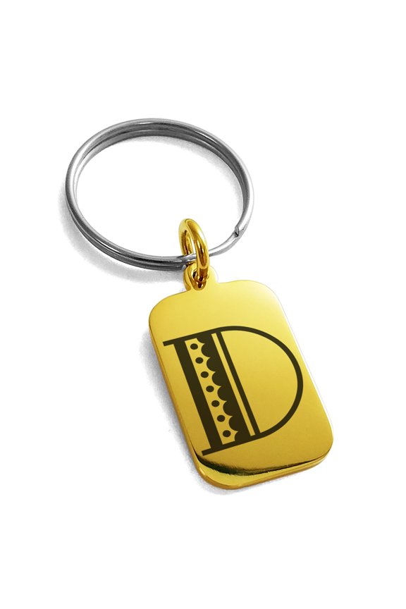 Stainless Steel Letter D Initial Metro Retro Monogram Engraved Small Rectangle Dog Tag Charm Keychain Keyring