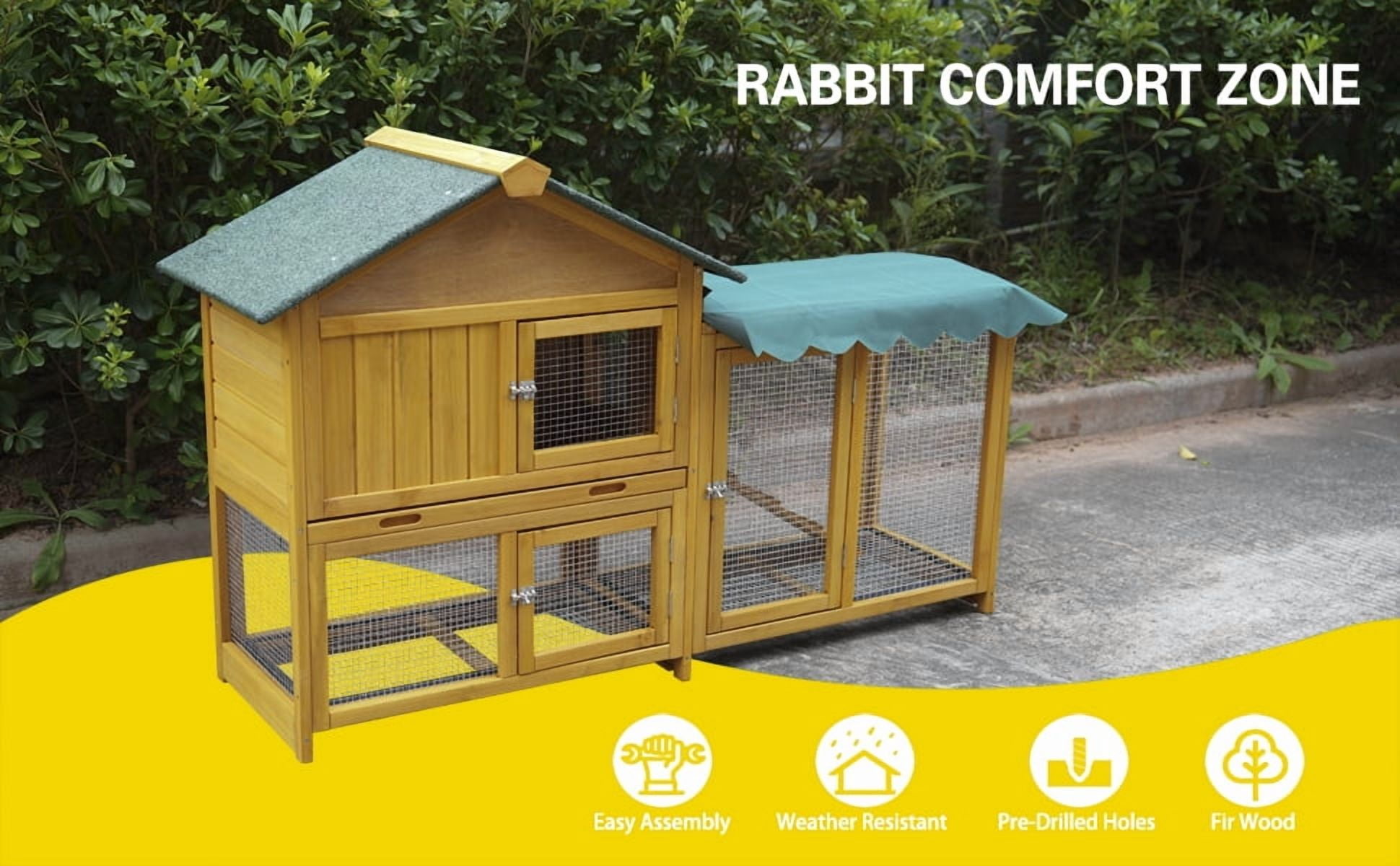 Indoor & Outdoor Rabbit Hutch, Solid Wood Double-Layer Bunny Cage with Run, Waterproof Sun Cover, UV Panel, Leak-Proof Pull-Out Tray & Removable Wire Mesh for Small Animals