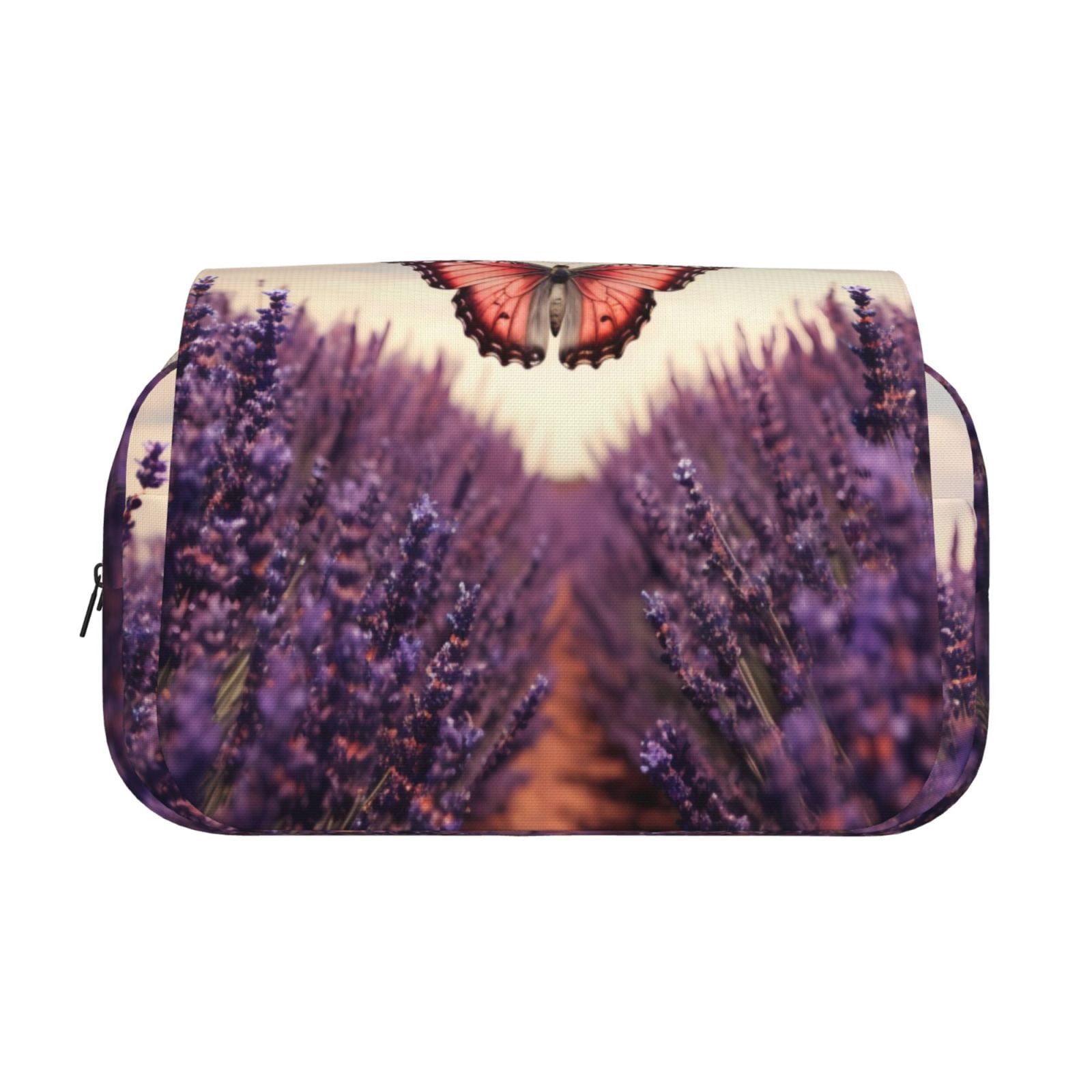 Rateoe Butterfly Over Lavender Pattern Double Clamshell Pen Case, Storage Organizer with Two Zipper Compartments– Holds Up to 50 Pencils & Pens