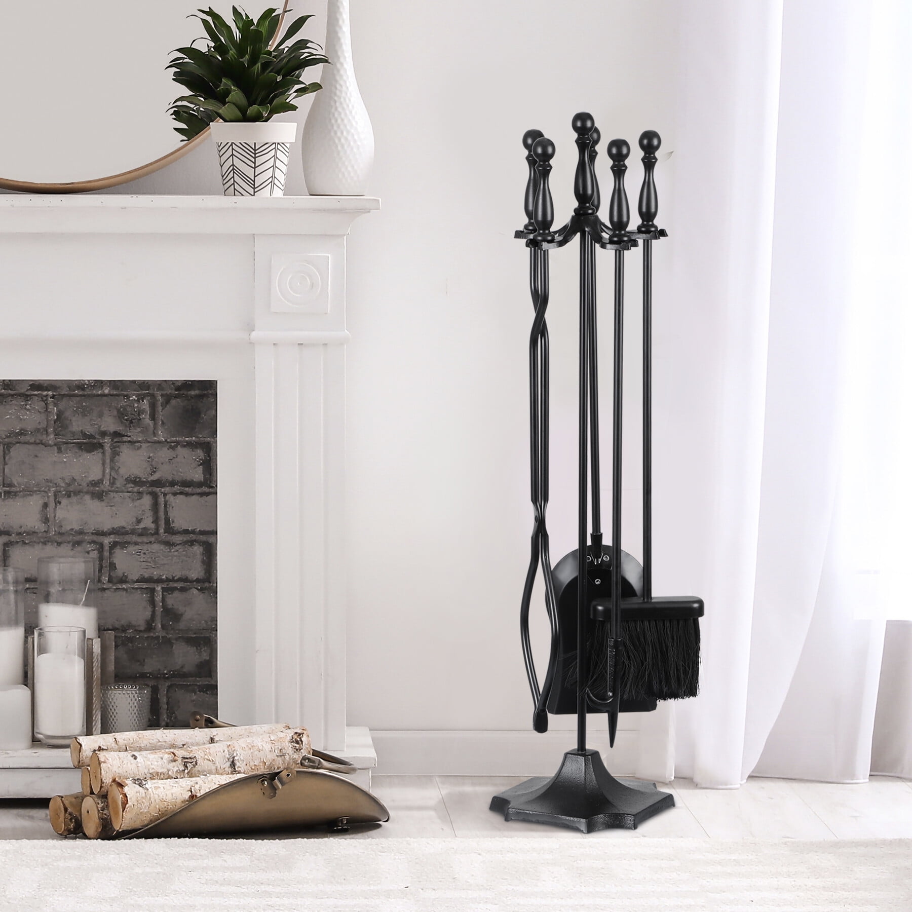 ZENSTYLE Fireplace Tools Set 5 Pieces Metal Frame Brass Handle Indoor Stove Accessories, Black