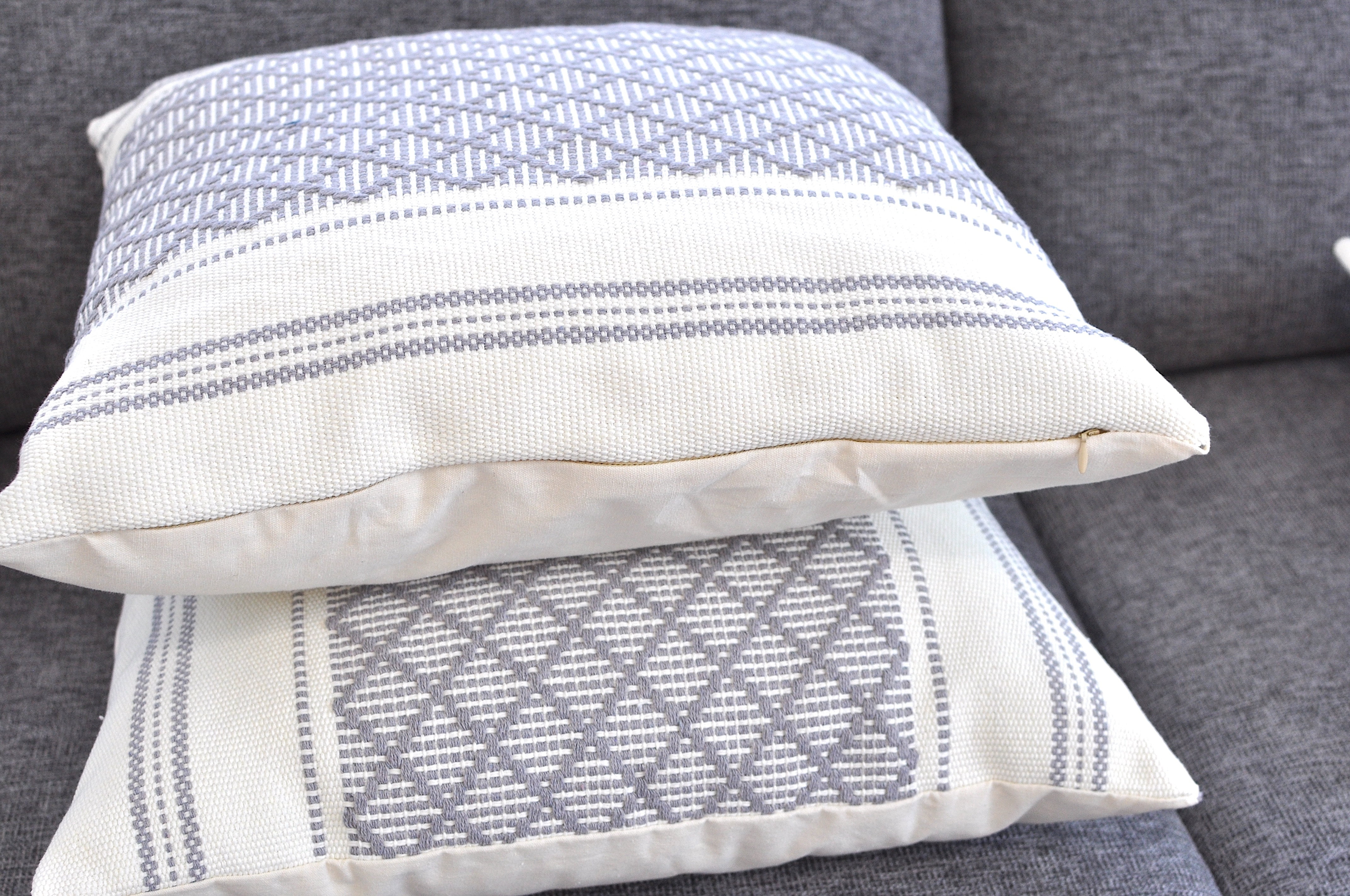 Cotton Woven Designer Throw Pillow Cover, Grey and Cream White, 16 x 16 inches | Square Gray Cushion Covers with Geometric Design Set of 2
