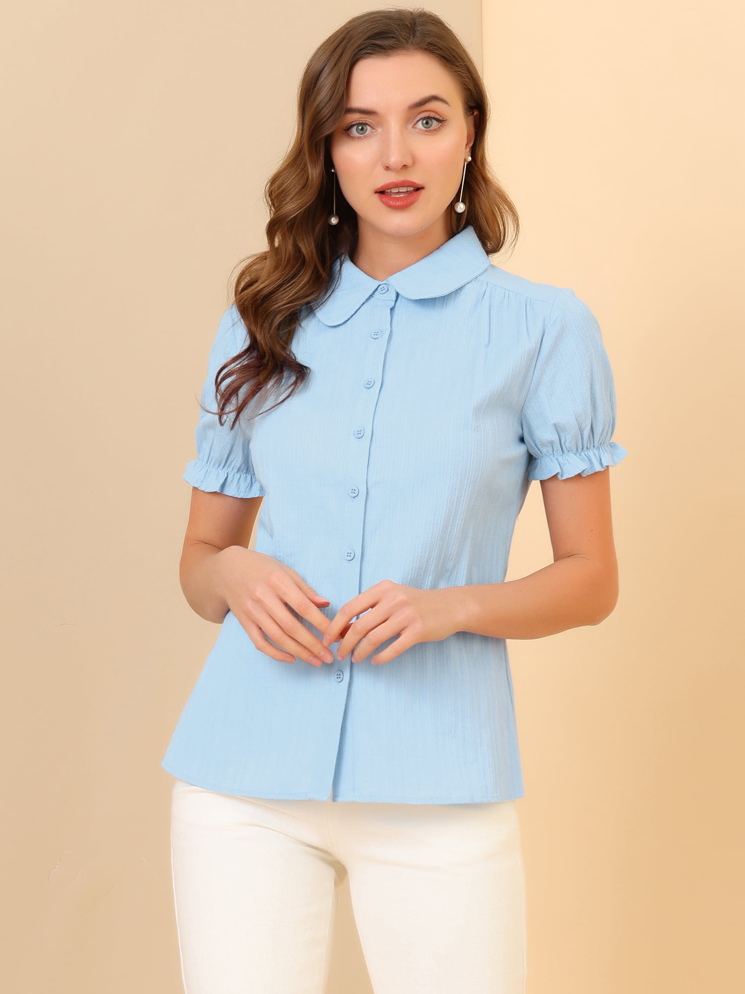 DARING DIVA Women's Cotton Frilled Peter Pan Collar Blouse XL Light Blue