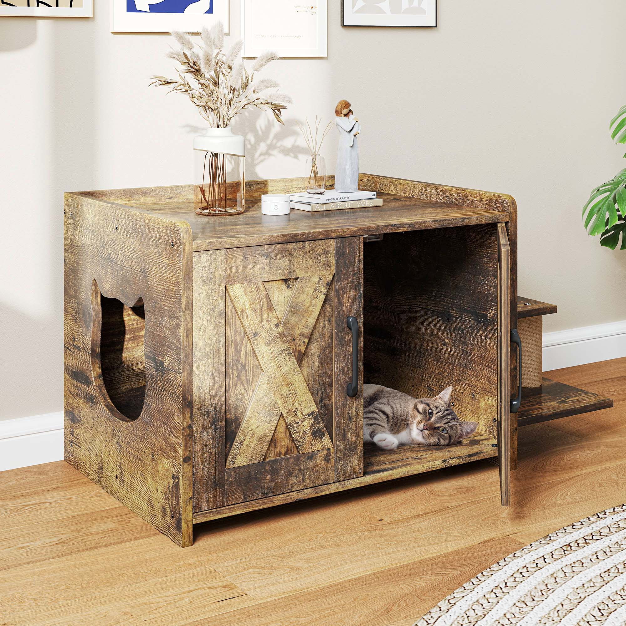 Uforic 27" Cat Litter Box Enclosure, Wooden Cat House Furniture with Scratching Posts & Plush Cushion, Rustic Brown