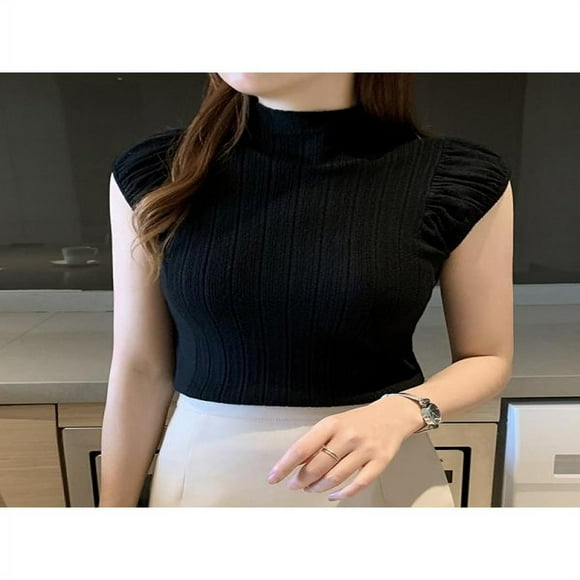 Women Sleeveless Mock Neck Turtleneck Stretchable Knit Sweater Top