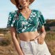 thumbnail image 2 of Top corto con cuello en V para mujer, estampado a la moda, manga con volantes, tirantes en la espalda, camisa corta sin espalda para mujer, verde oscuro XL, 2 of 6