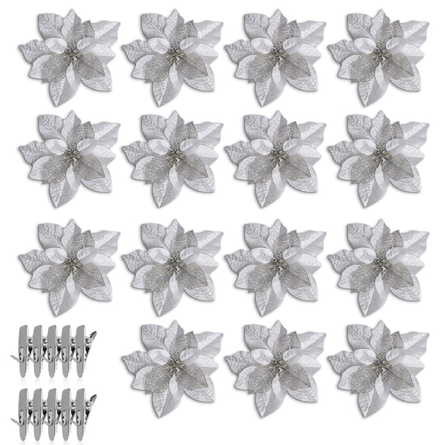 Injueey 15/5 uds, polvo de brillo de flores artificiales de Navidad, adornos de árbol de Navidad DIY, flores falsas, decoraciones de Año Nuevo de Kits de decoración para fiestas plata 15PCS Injueey HA008415-04