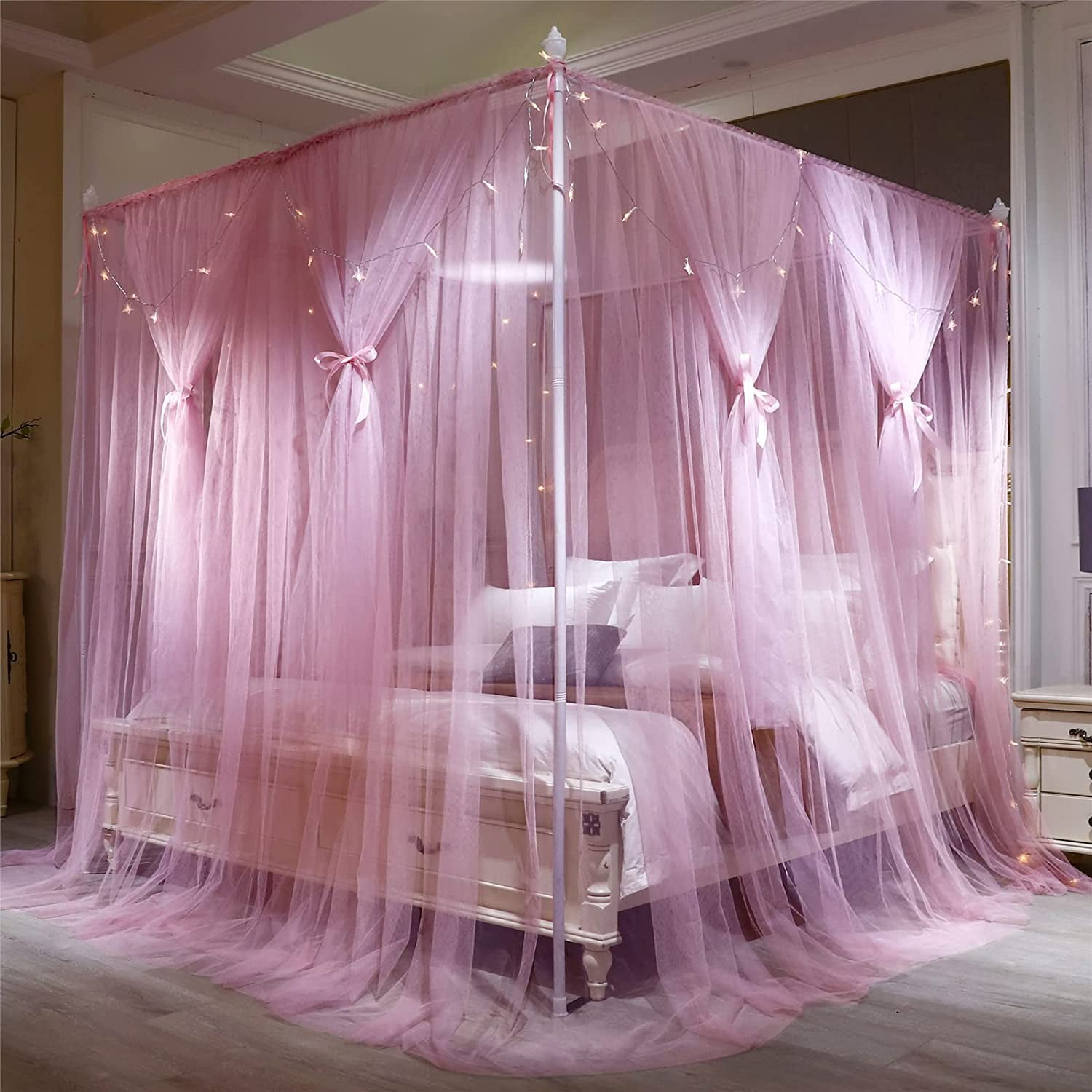 4 Corners Post Princess Bed Canopy Curtain Double Layer Cozy Drape Netting 4 Opening Mosquito Net for Girls & Adults Bedroom Decoration Accessories (Double Pink, 53" W*78" L*82"*H/(Full))